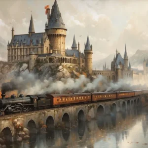 Plakat fantasy pociąg i zamek zimą Biały