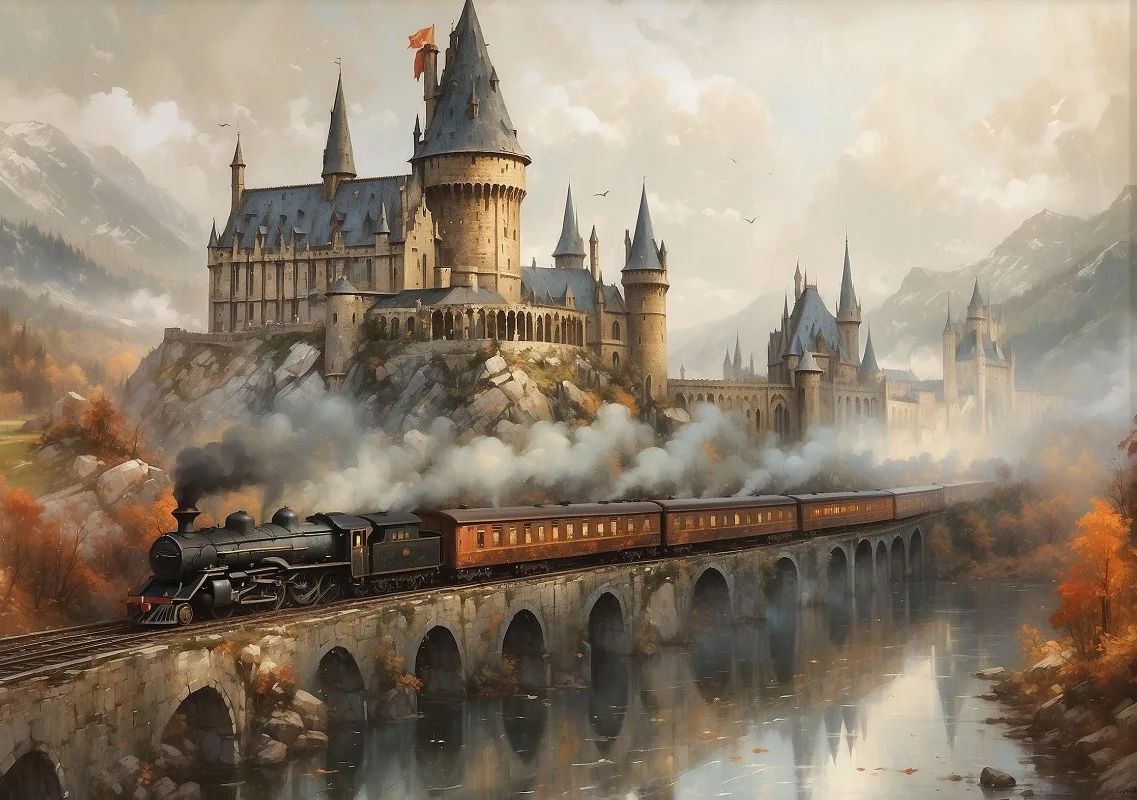 Plakat fantasy pociąg i zamek zimą Biały
