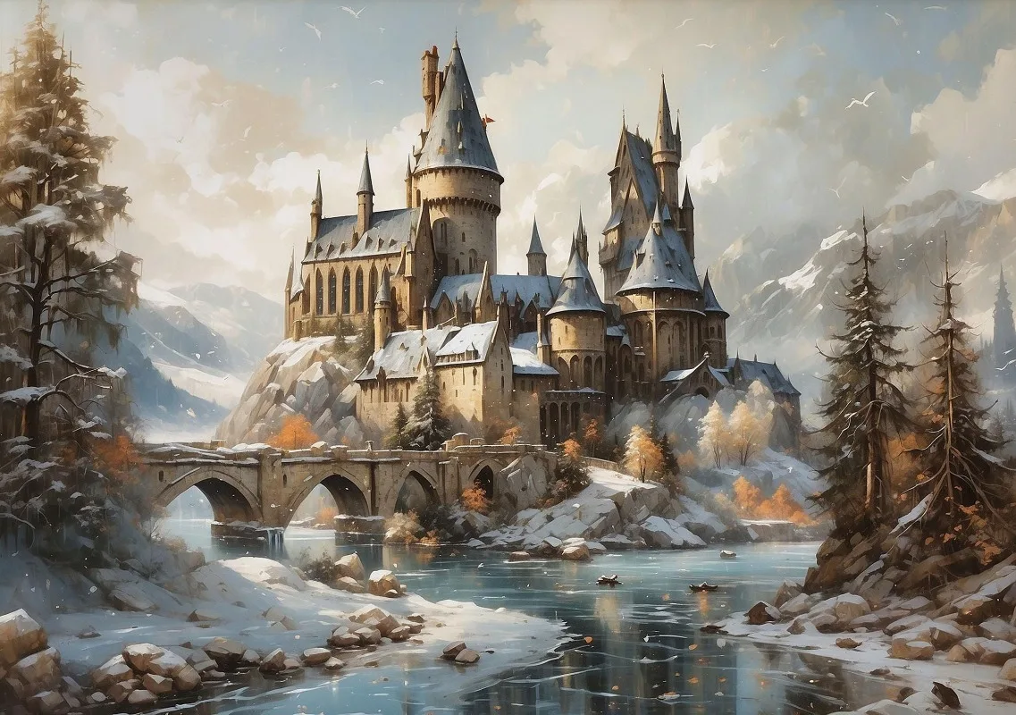 Plakat fantasy pociąg i zamek zimą Burgundia