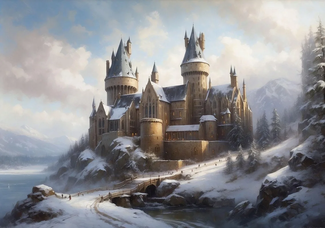 Plakat fantasy pociąg i zamek zimą Czerwony