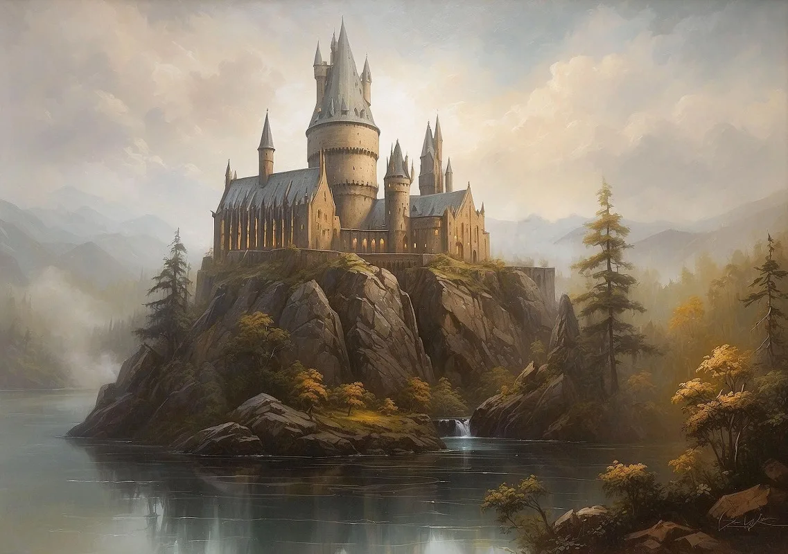 Plakat fantasy pociąg i zamek zimą Fioletowy