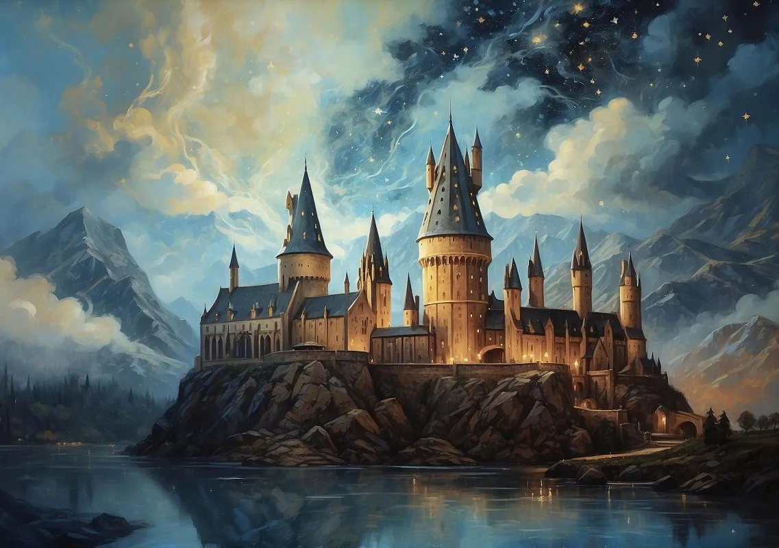 Plakat fantasy pociąg i zamek zimą Zielony