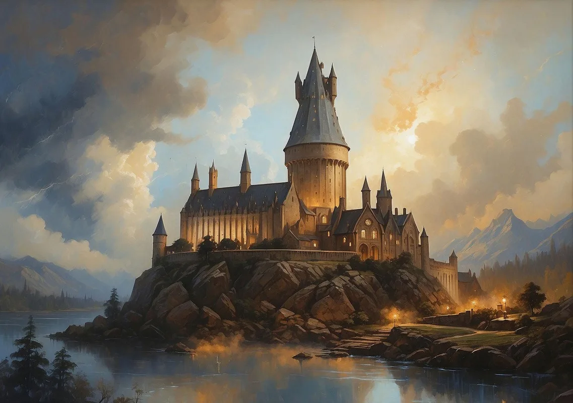 Plakat fantasy pociąg i zamek zimą żółty