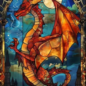 Plakat fantasy z witrażem i smokiem Jasnoszary