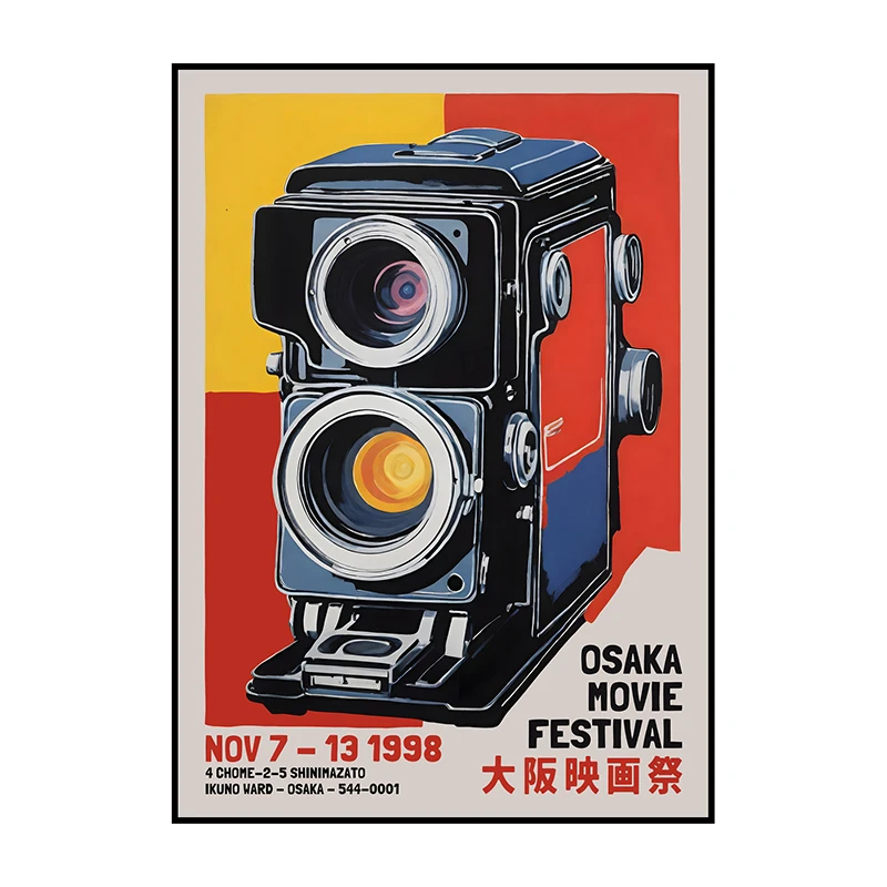 Plakat filmowy retro z aparatem i kotem Czarny