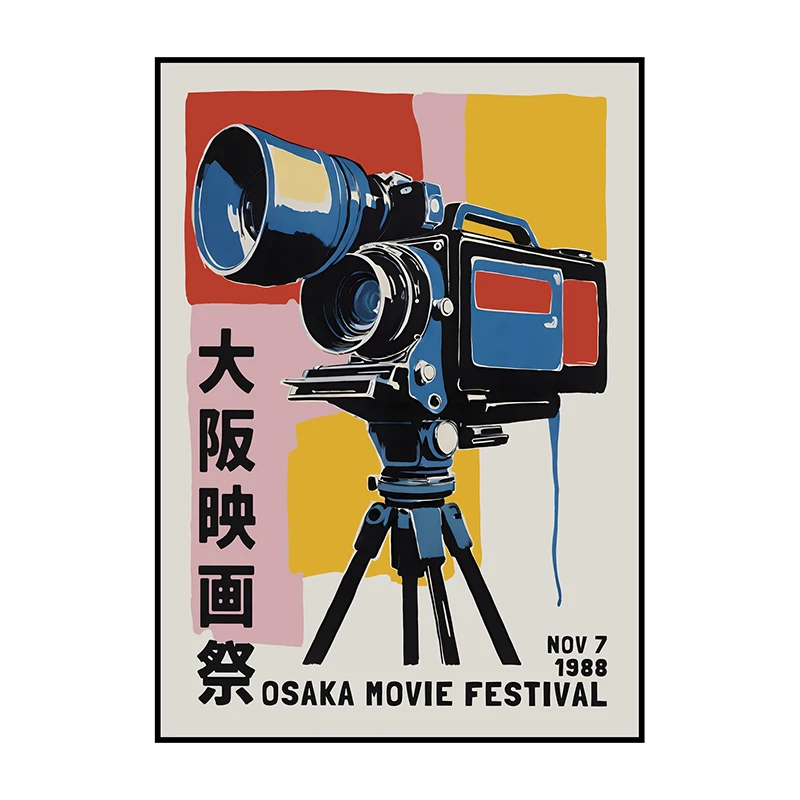 Plakat filmowy retro z aparatem i kotem Granatowy