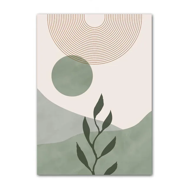 Plakat geometryczny - liść, słońce i tęcza Biały