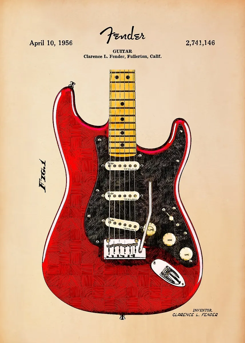 Plakat gitara minimalistyczny – blueprint muzyczny Biały