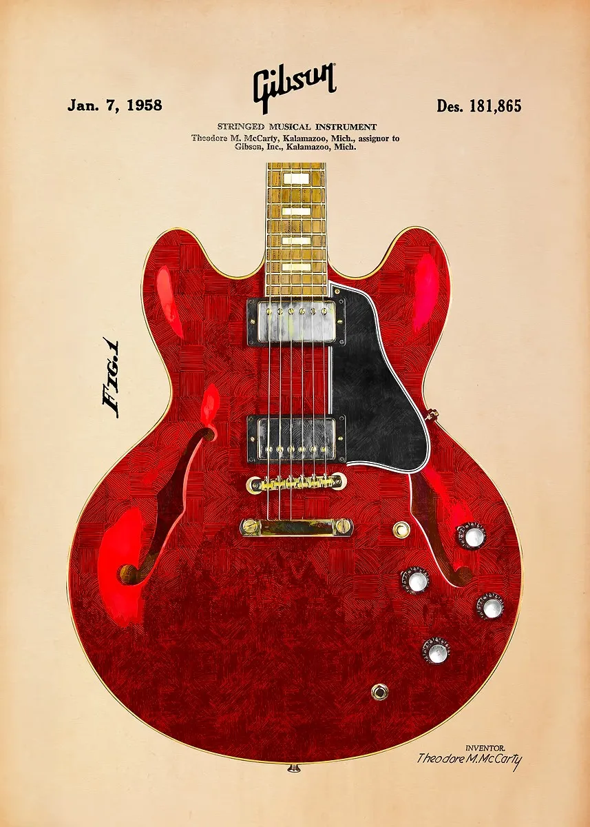 Plakat gitara minimalistyczny – blueprint muzyczny Burgundia