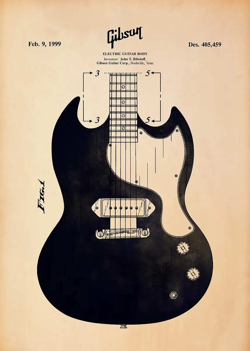 Plakat gitara minimalistyczny – blueprint muzyczny Fioletowy