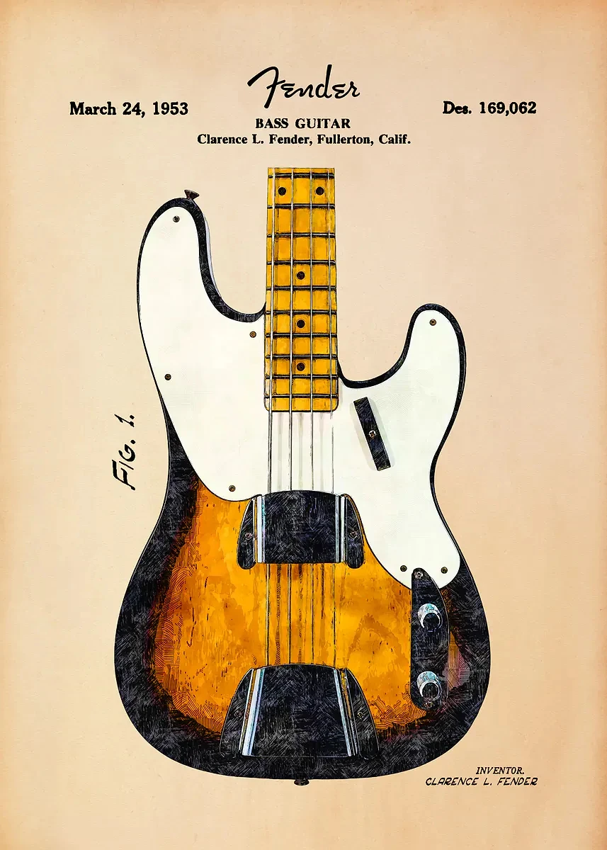 Plakat gitara minimalistyczny – blueprint muzyczny Granatowy