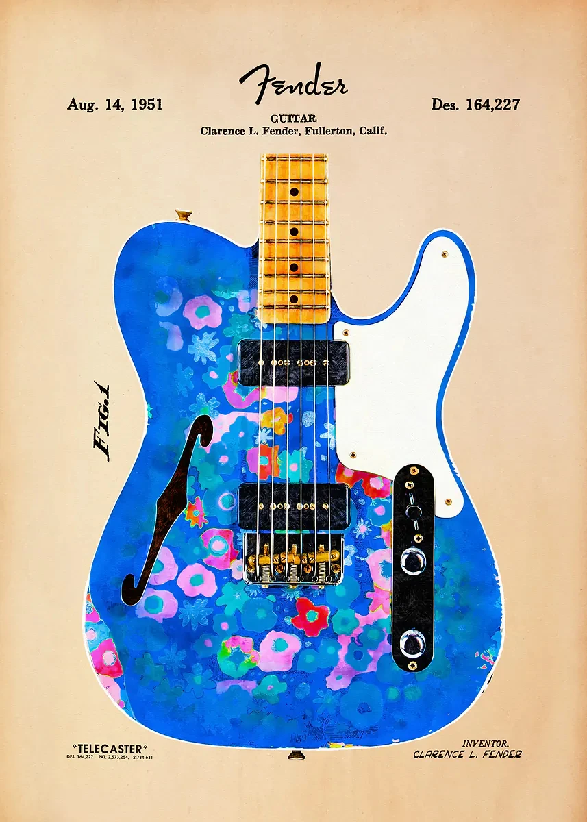 Plakat gitara minimalistyczny – blueprint muzyczny Jasnoszary
