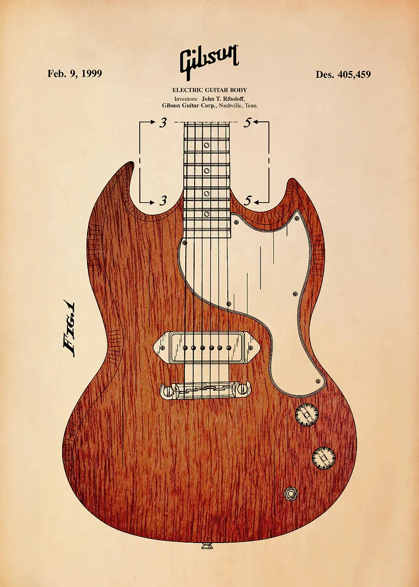 Plakat gitara minimalistyczny – blueprint muzyczny Jasnożółty