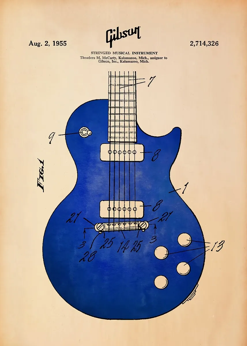 Plakat gitara minimalistyczny – blueprint muzyczny Niebieski