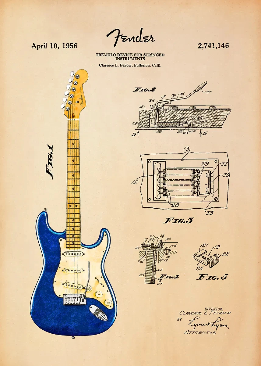 Plakat gitara minimalistyczny – blueprint muzyczny żółty