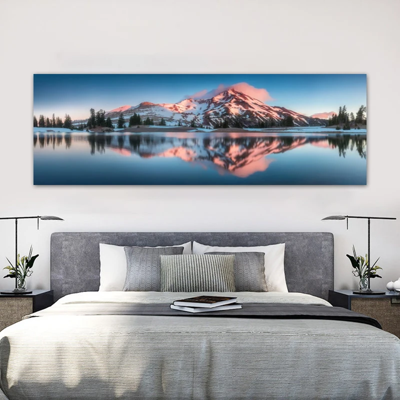 Plakat z górskim jeziorem i śnieżnym krajobrazem Cytrynowy żółty