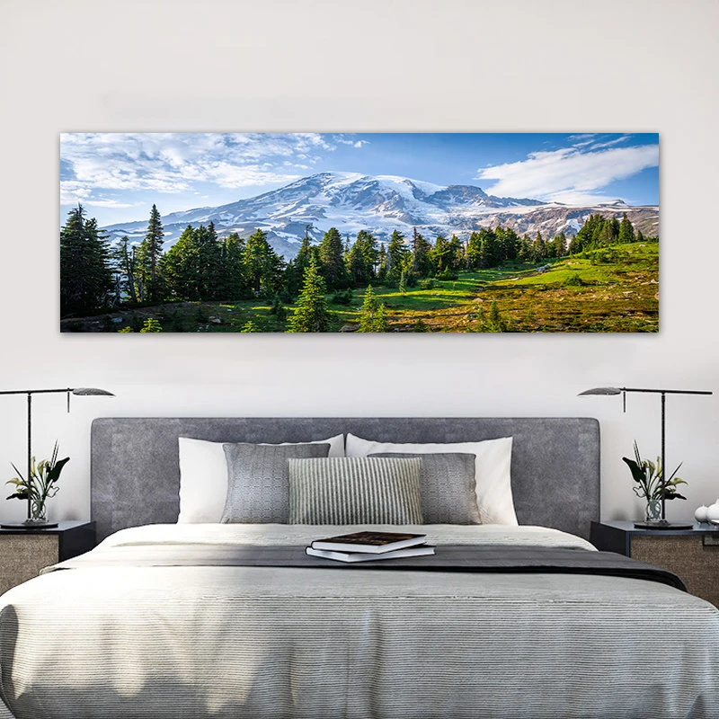 Plakat z górskim jeziorem i śnieżnym krajobrazem Oliwkowy brąz
