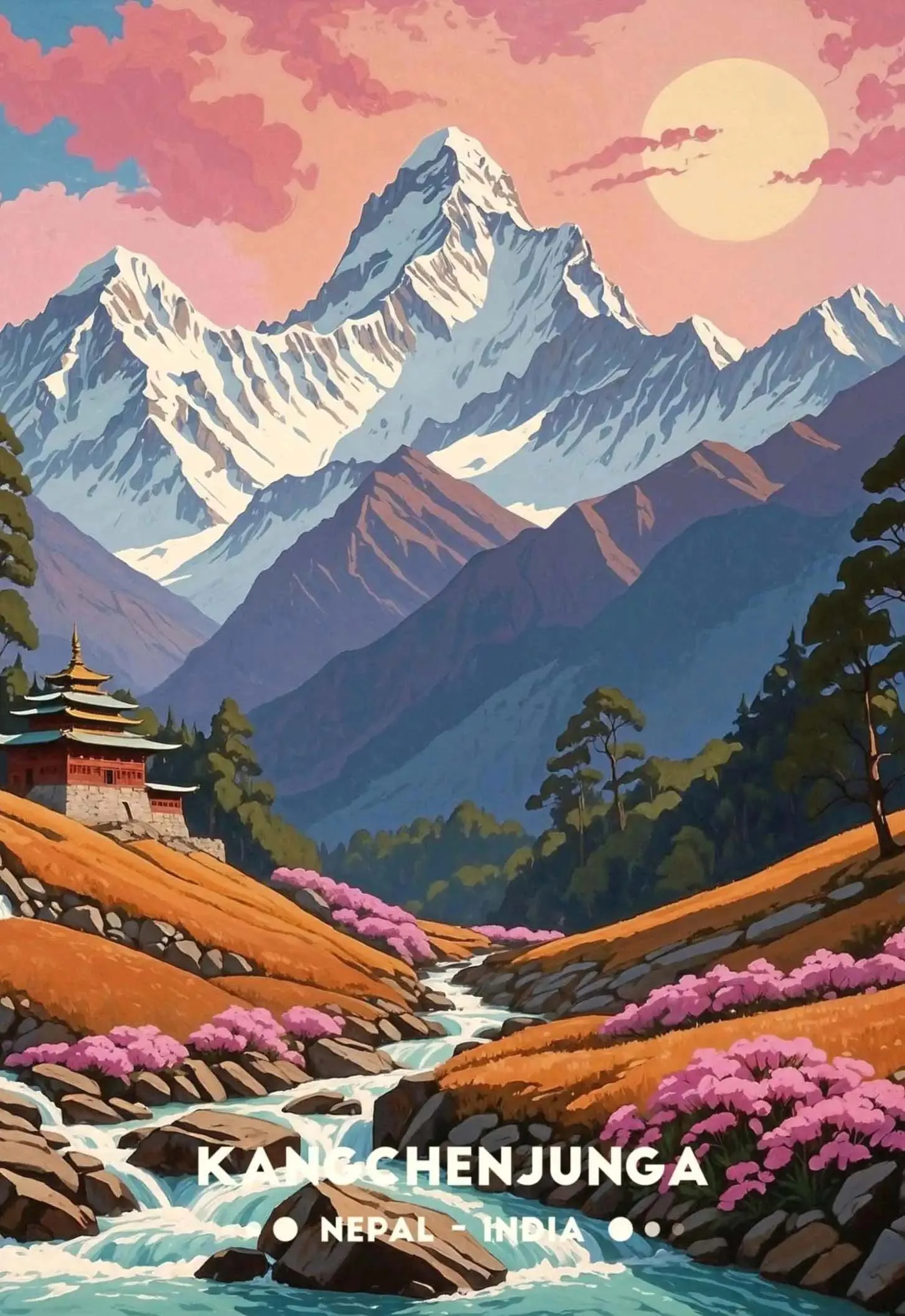 Górskie krajobrazy Nepalu - plakat podróżny Niebieski