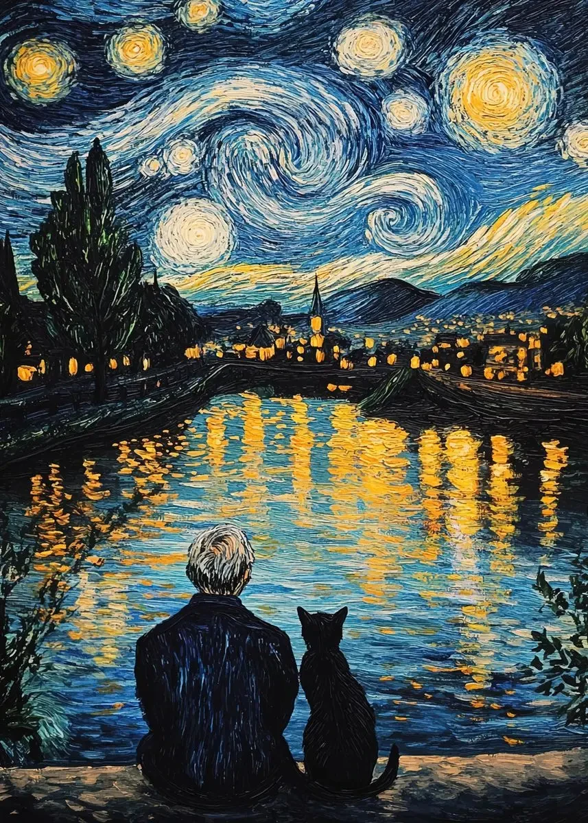 Plakat gwieździsta noc nad miastem Granatowy