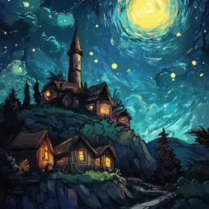Plakat gwieździsta noc nad miastem Jasnoszary