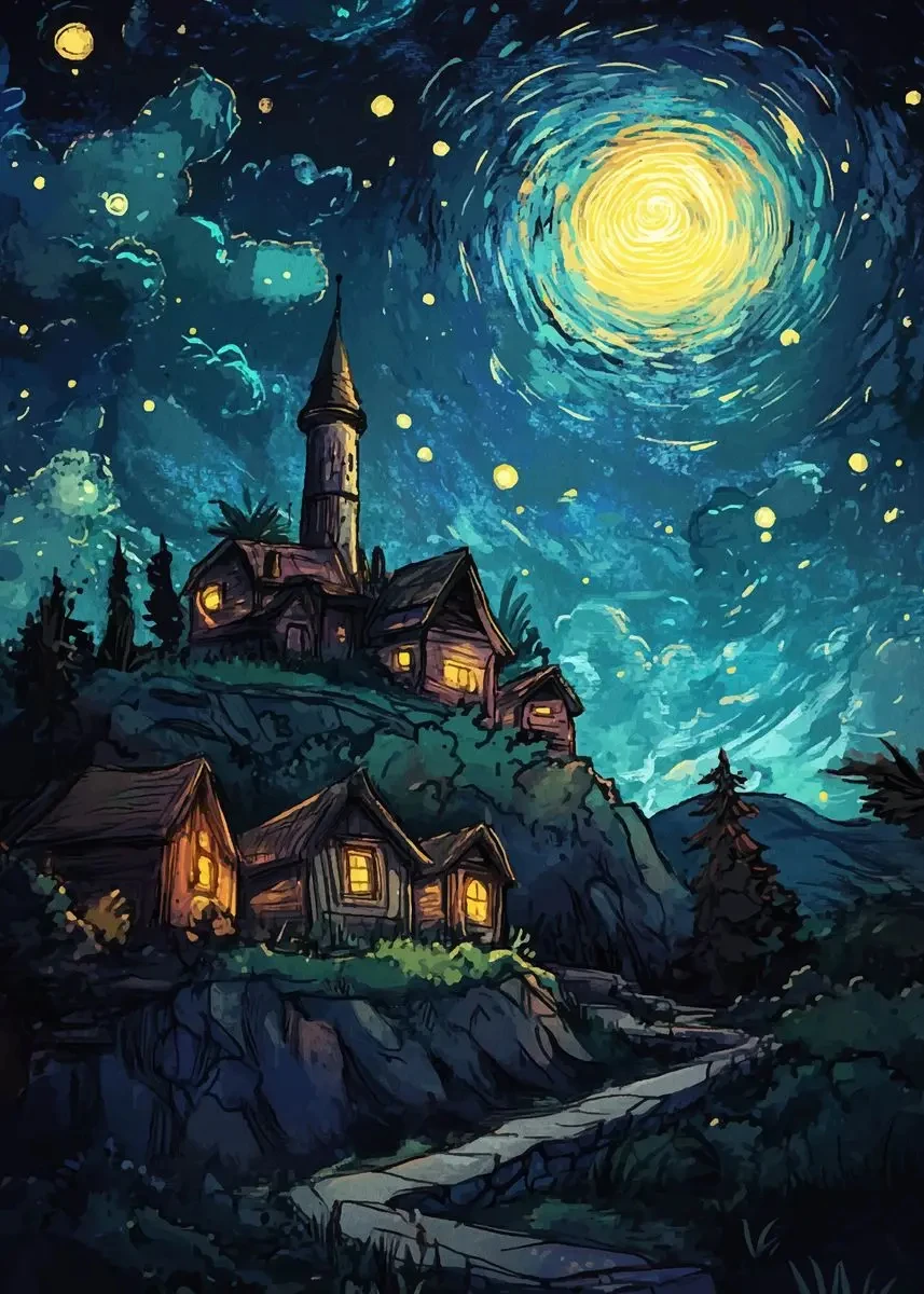 Plakat gwieździsta noc nad miastem Jasnoszary