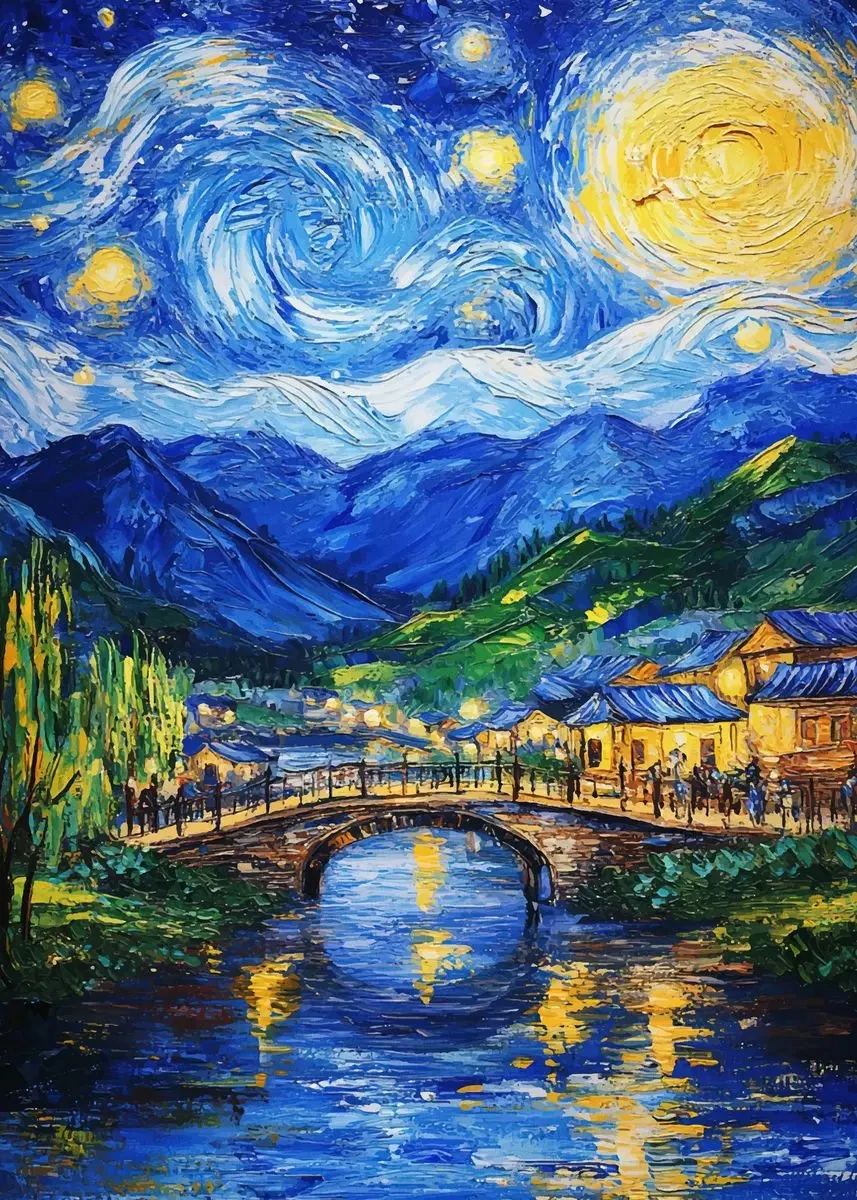Plakat gwieździsta noc nad miastem Pomarańczowy