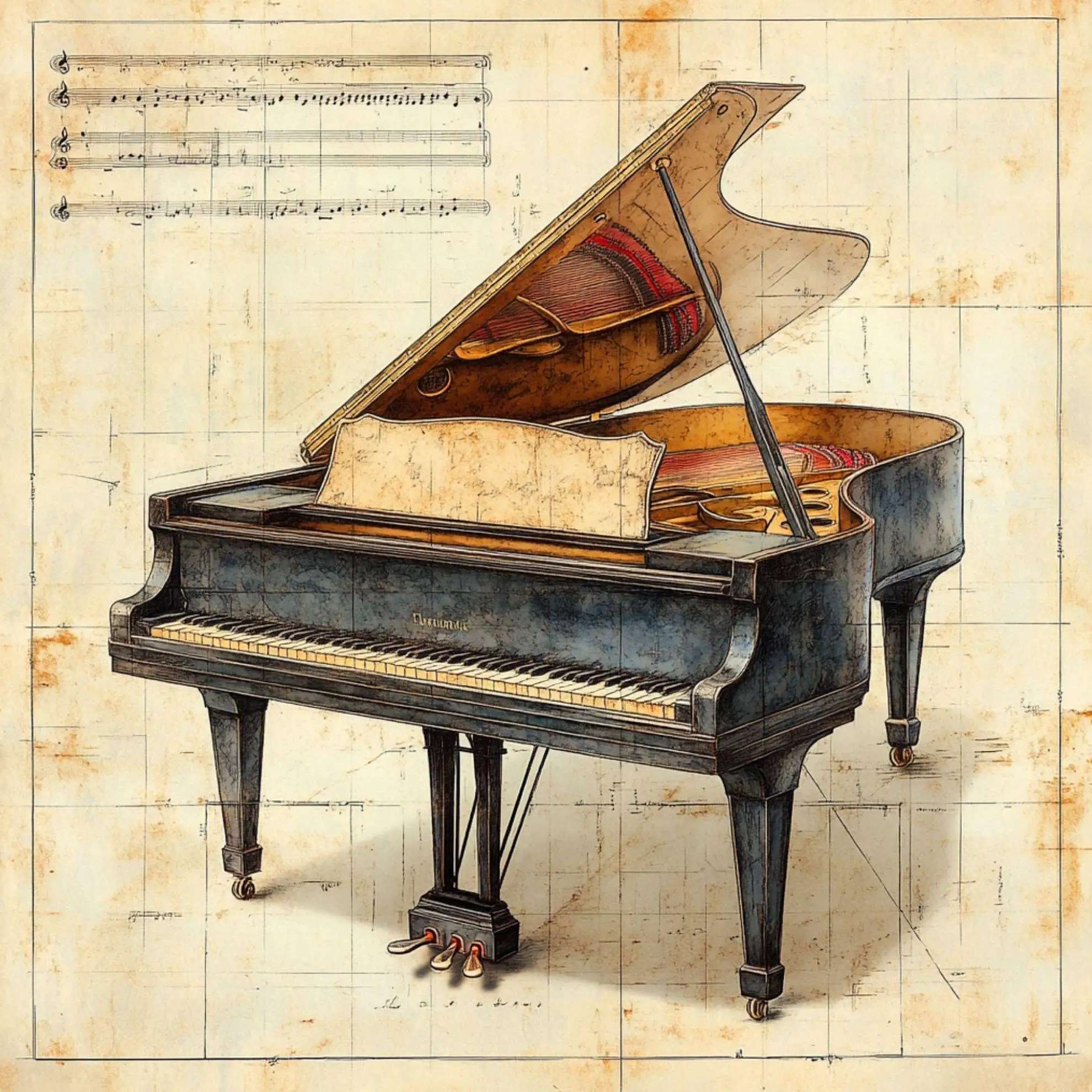 Plakat instrumenty muzyczne retro – gitara, perkusja, fortepian Biały