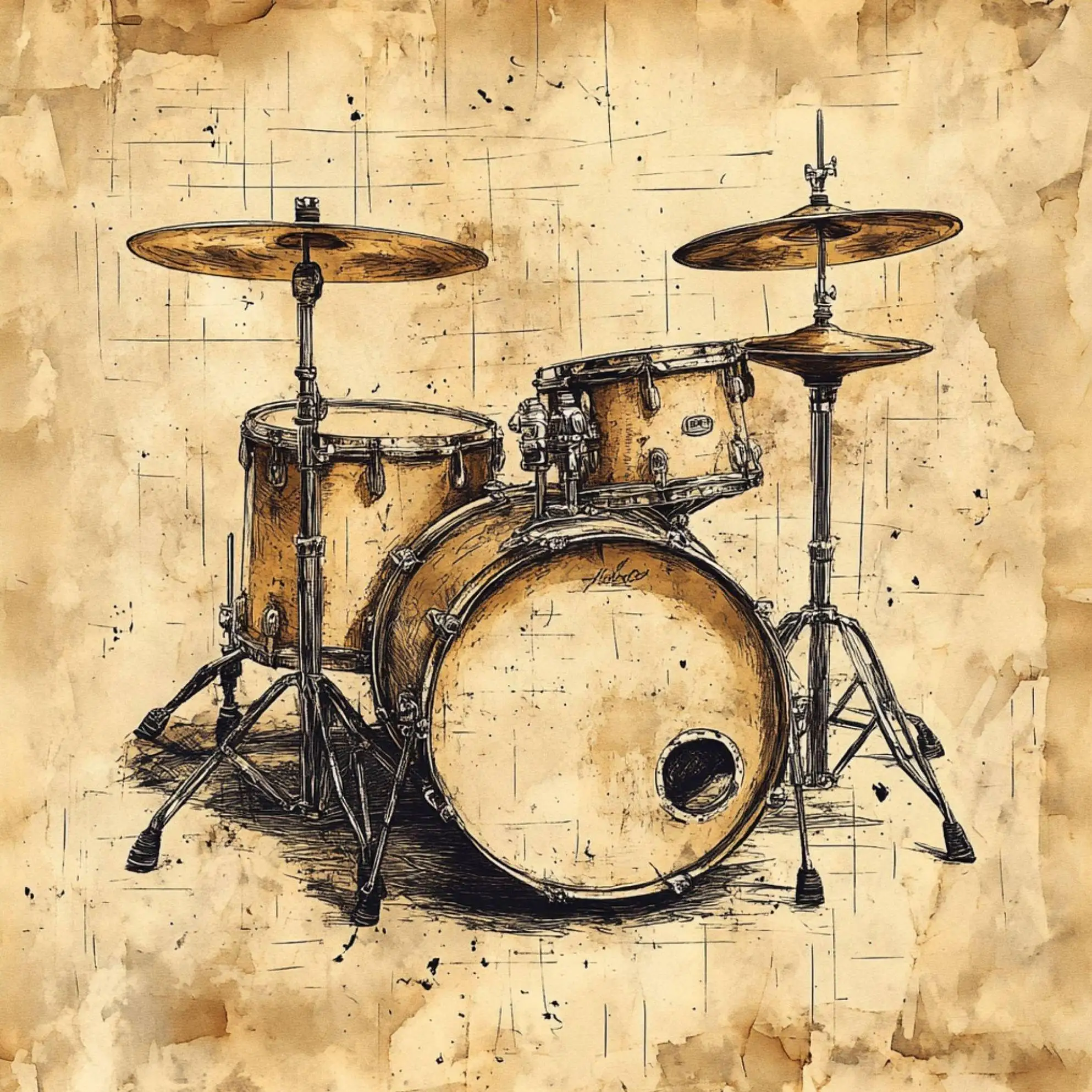 Plakat instrumenty muzyczne retro – gitara, perkusja, fortepian Fioletowy