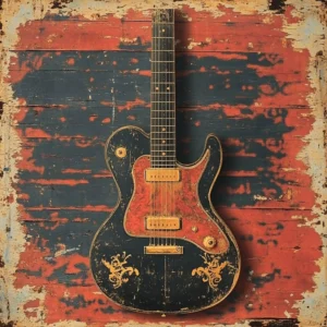 Plakat instrumenty muzyczne retro – gitara, perkusja, fortepian Niebieski