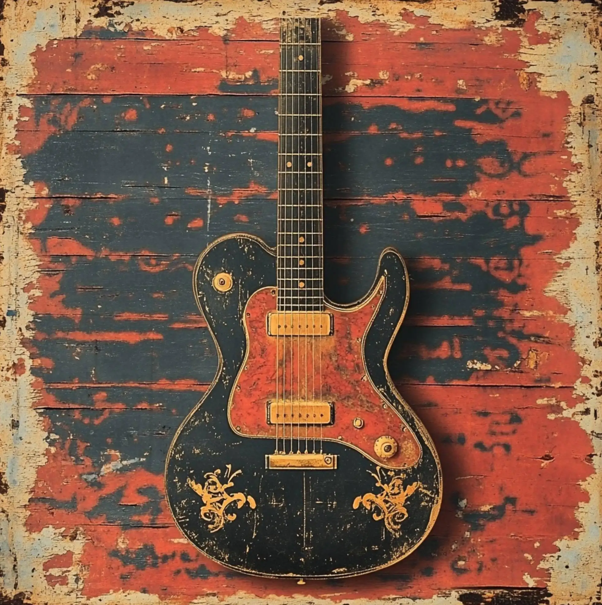 Plakat instrumenty muzyczne retro – gitara, perkusja, fortepian Niebieski