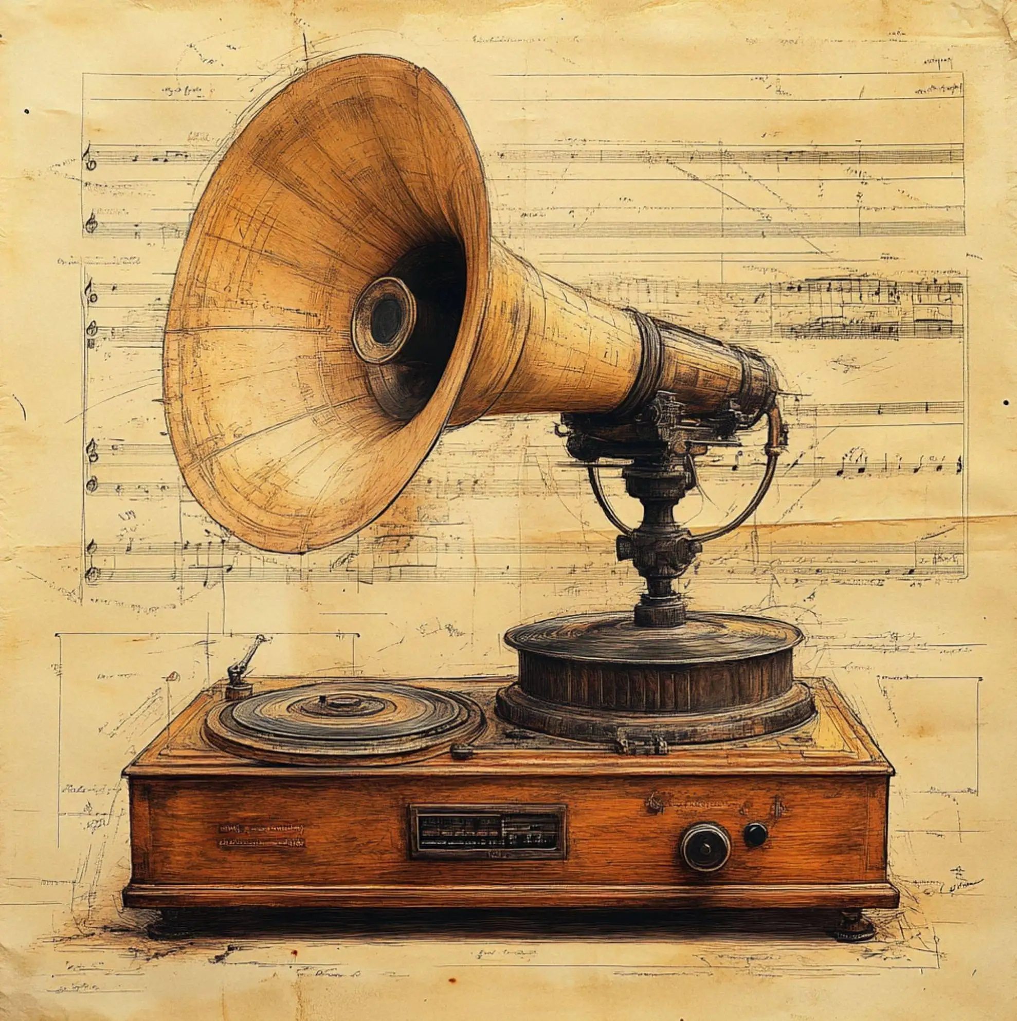 Plakat instrumenty muzyczne retro – gitara, perkusja, fortepian żółty