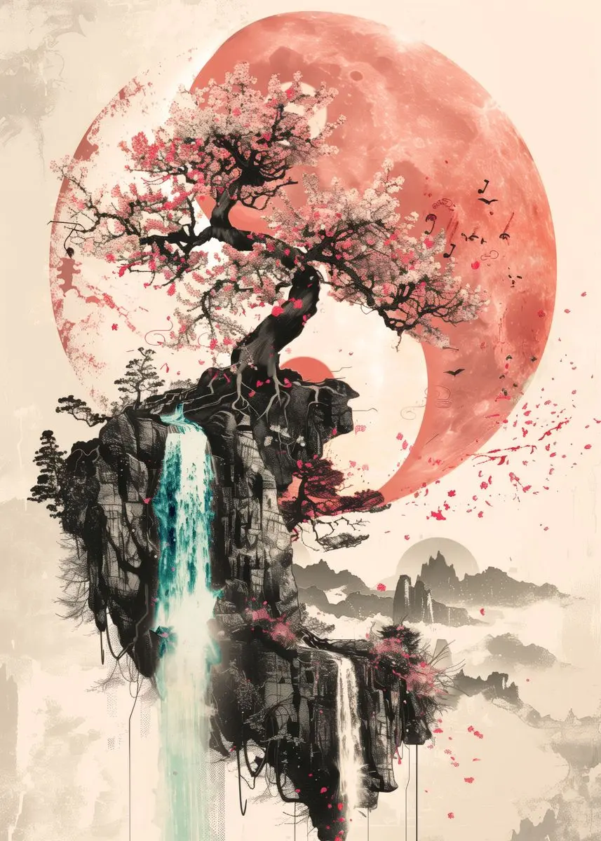 Japonia - plakat z samurajem, gejszą i bramą torii Biały