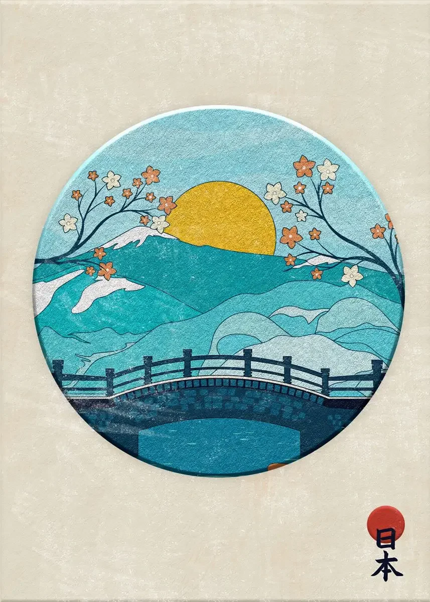 Japonia - plakat z samurajem, gejszą i bramą torii Fioletowy