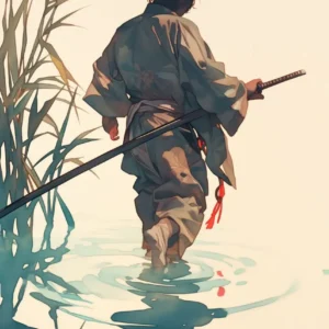 Japonia - plakat z samurajem, gejszą i bramą torii Granatowy