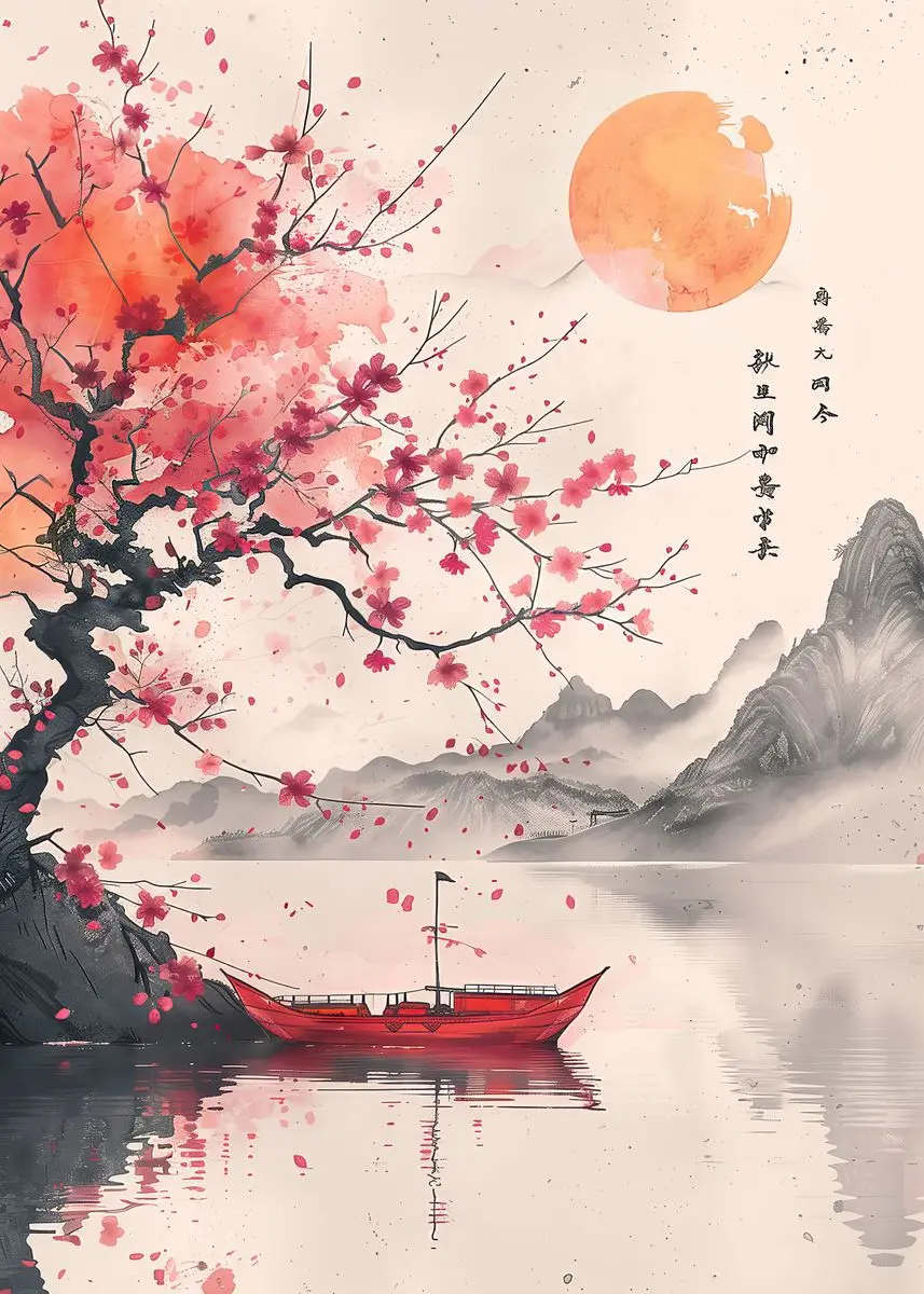 Japonia - plakat z samurajem, gejszą i bramą torii Kawa