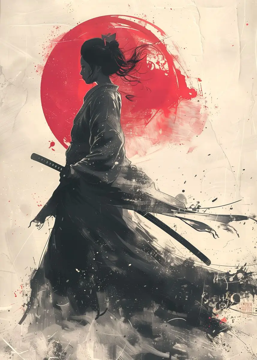 Japonia - plakat z samurajem, gejszą i bramą torii Szary