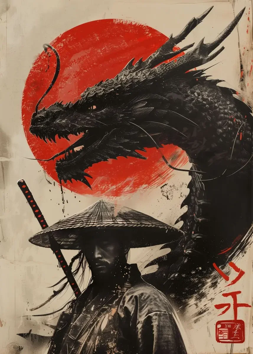 Japonia - plakat z samurajem, gejszą i bramą torii żółty