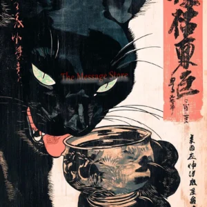 Plakat japoński - kot pijący herbatę w stylu ukiyo-e Zielony