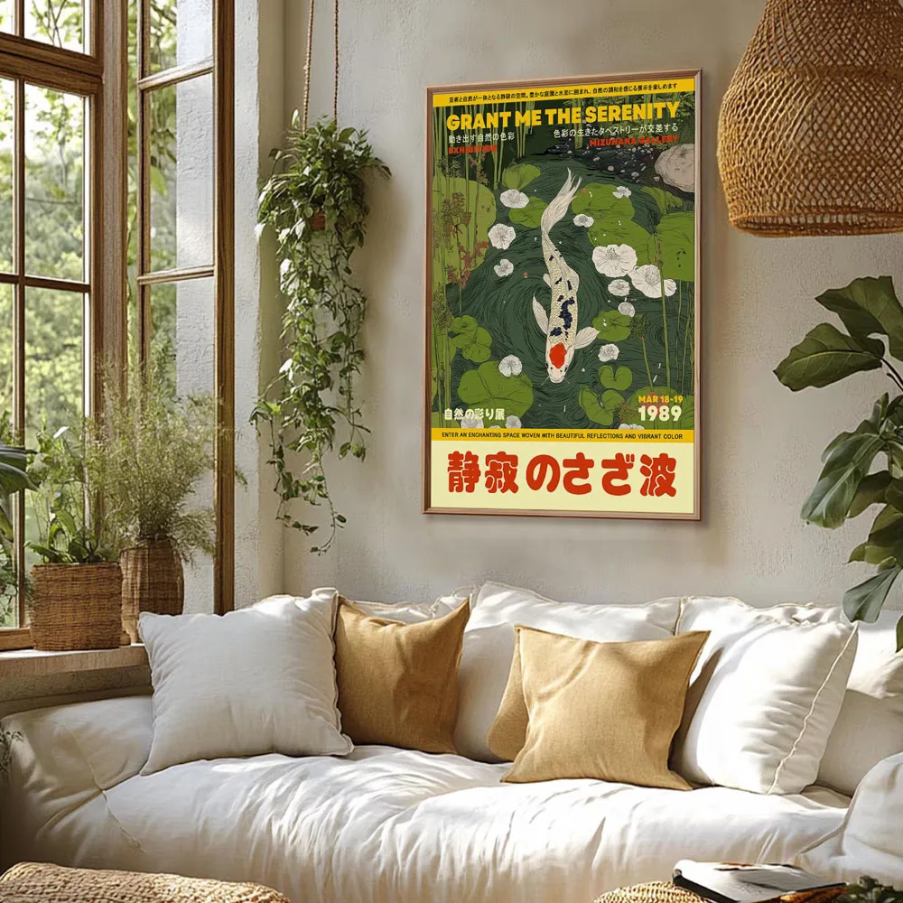 Plakat japoński z rybami koi i kwiatami Fioletowy