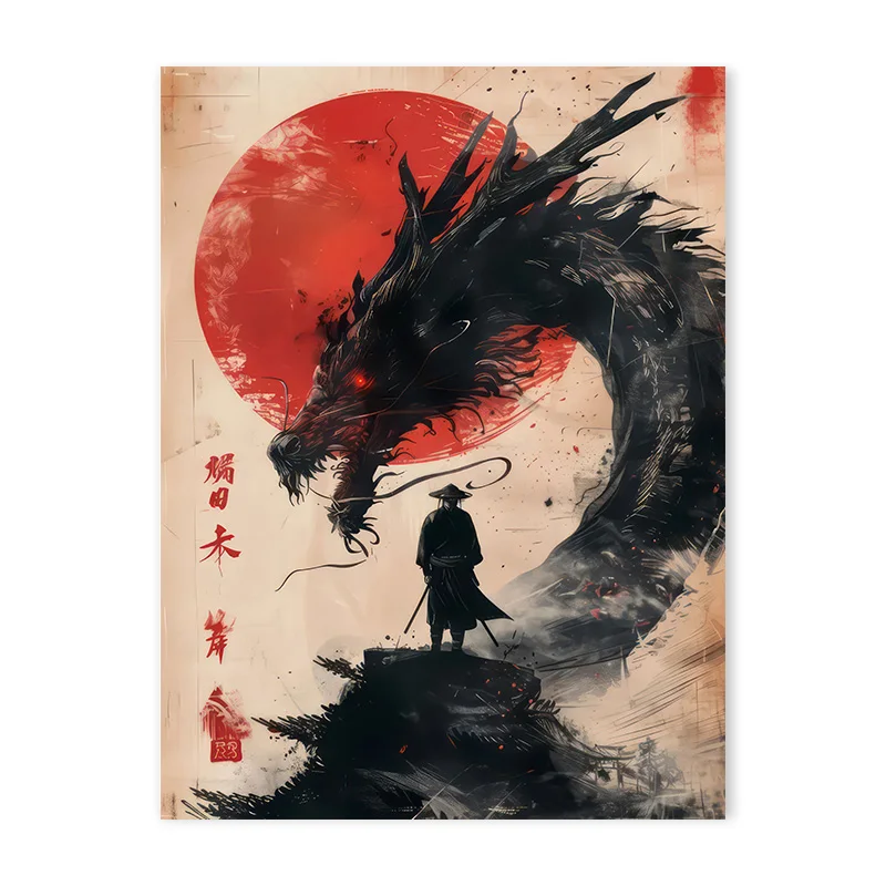 Plakat japoński samuraj bonsai vintage Czarny