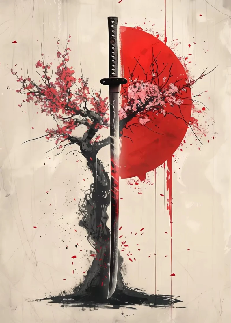 Plakat japoński pejzaż z bramą torii i sakurą Błękitny