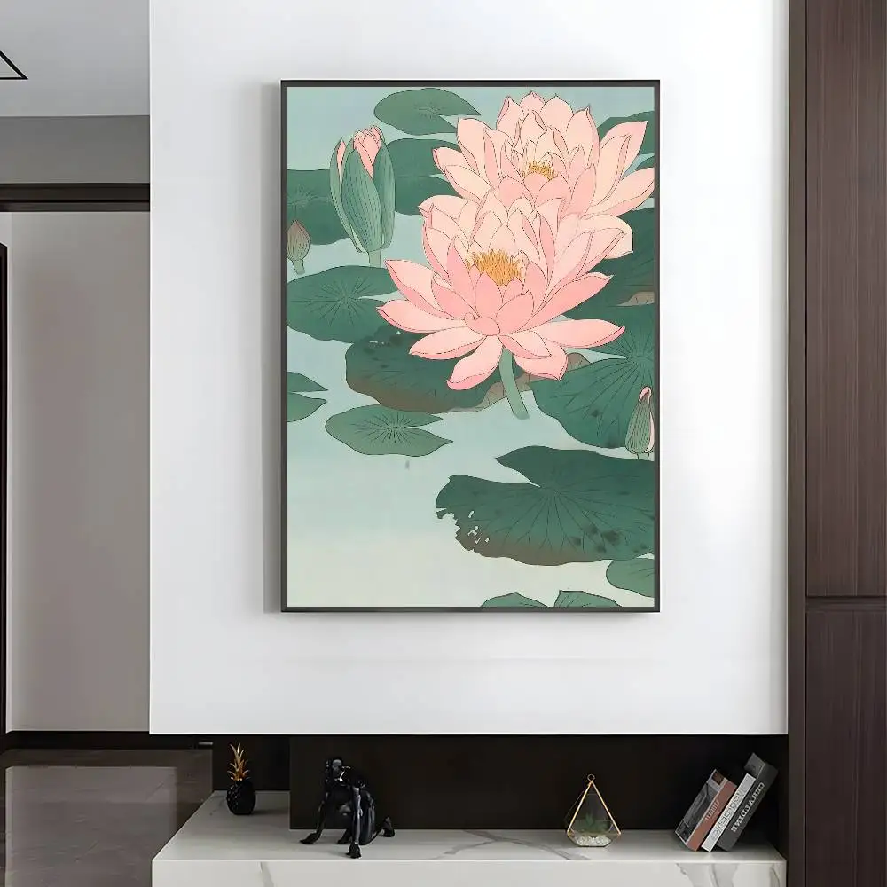 Plakat japoński ukiyo-e z ptakiem i kwiatami Czarny