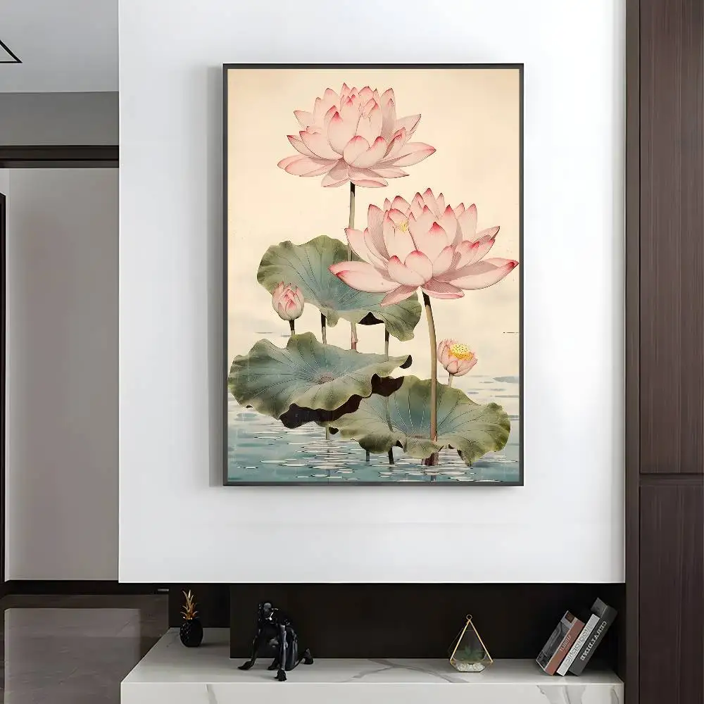 Plakat japoński ukiyo-e z ptakiem i kwiatami Fioletowy