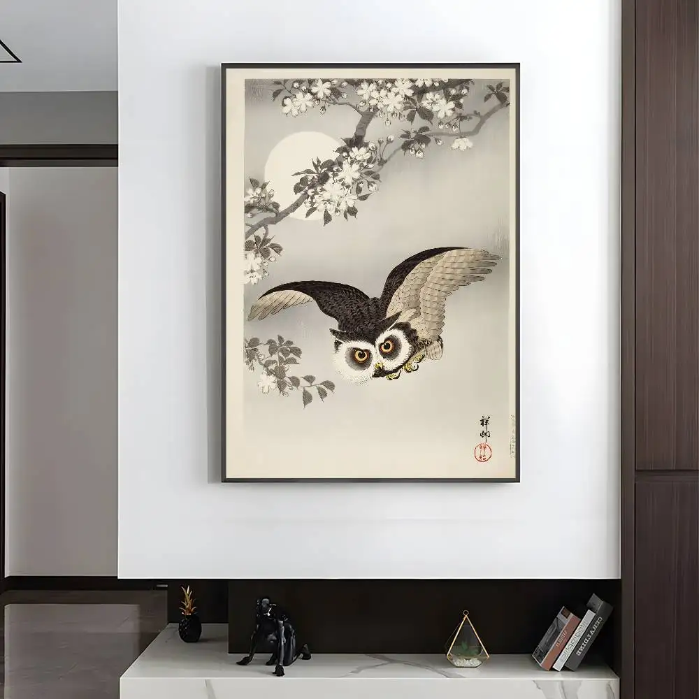 Plakat japoński ukiyo-e z ptakiem i kwiatami Kawa