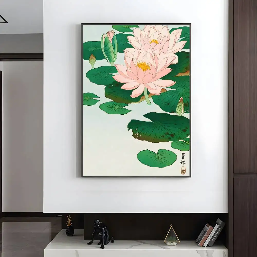 Plakat japoński ukiyo-e z ptakiem i kwiatami Niebieski
