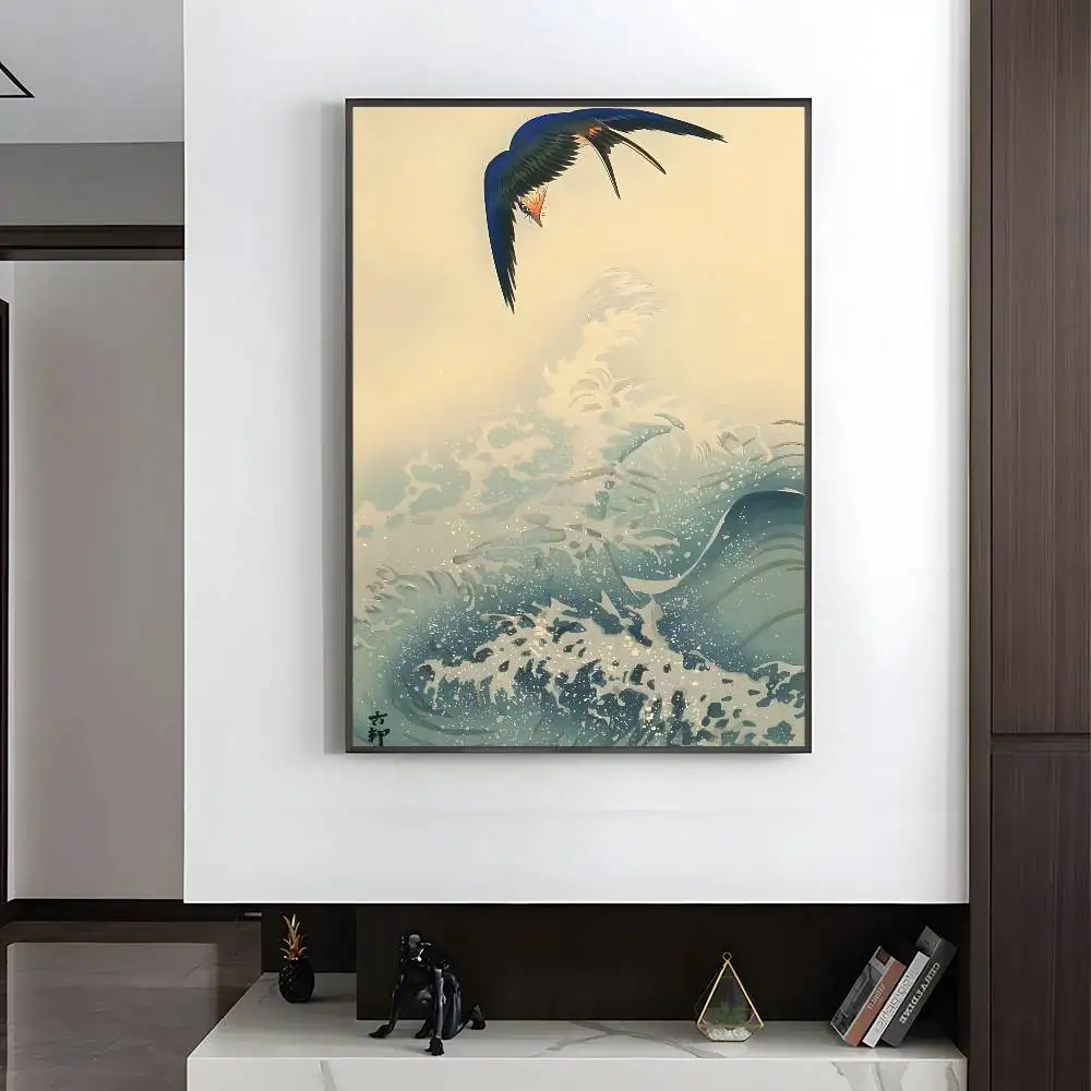 Plakat japoński ukiyo-e z ptakiem i kwiatami Różowy