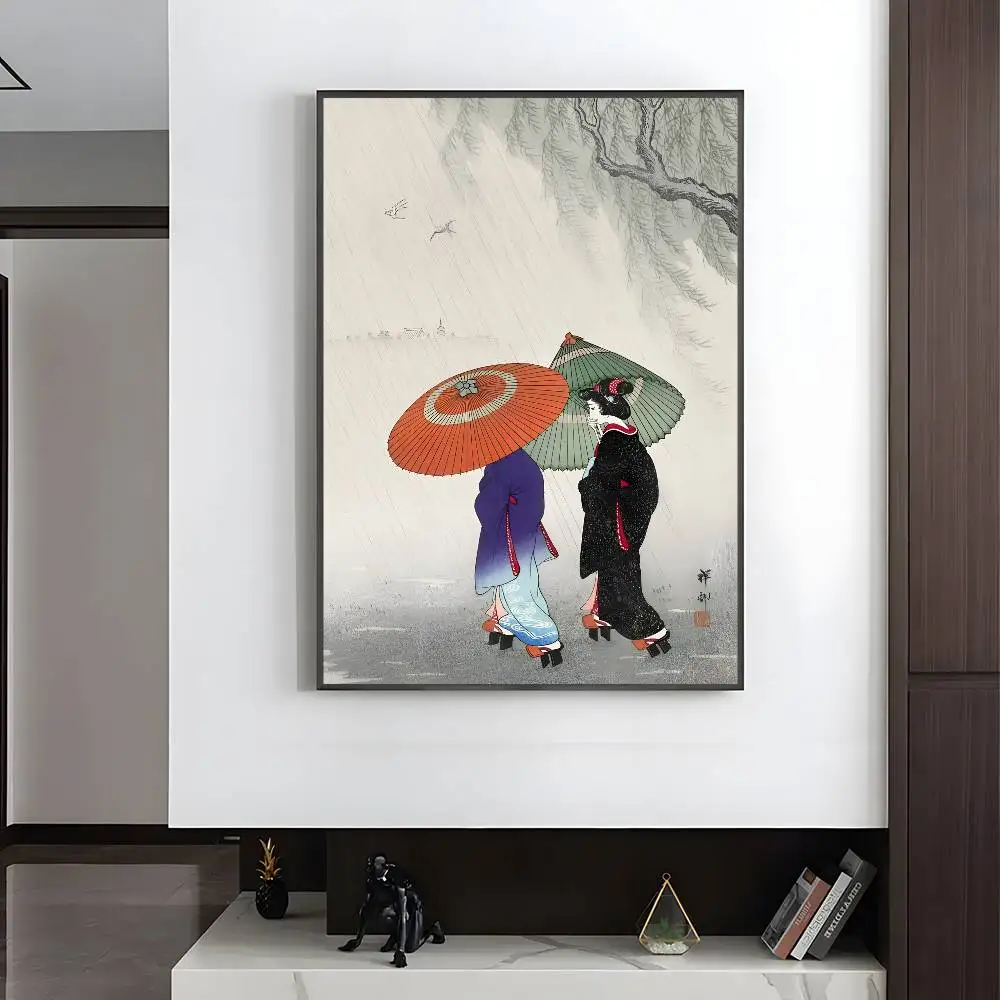 Plakat japoński ukiyo-e z ptakiem i kwiatami Srebrny