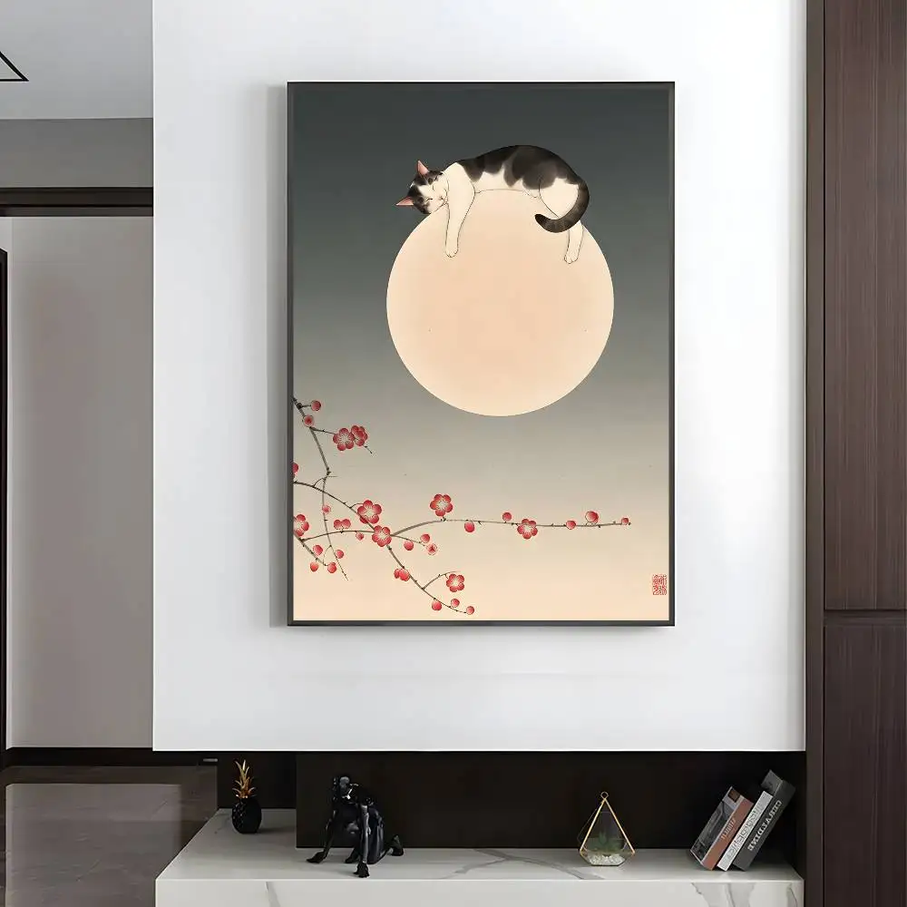 Plakat japoński ukiyo-e z ptakiem i kwiatami Szary