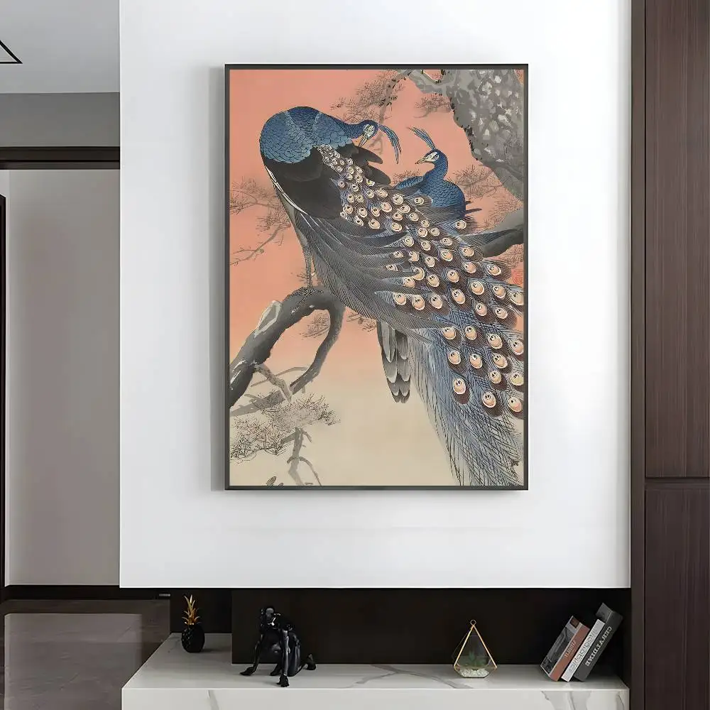 Plakat japoński ukiyo-e z ptakiem i kwiatami Zielony