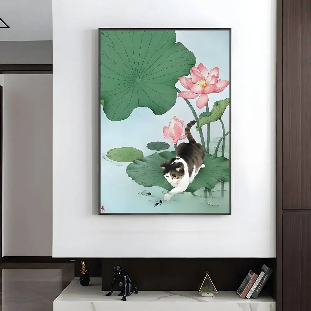 Plakat japoński ukiyo-e z ptakiem i kwiatami Złoto